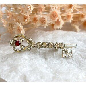 Key Shaped Antique Inspired Rhinestone Gold Toned Vintage Costume Jewelry Brooch